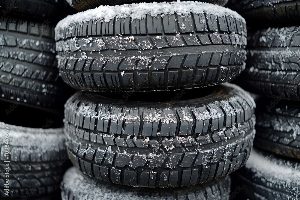 Obraz premium Close-up of Stacked Winter Tires Covered in Snow