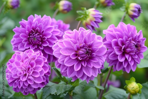 Purple dahlia flowers are blooming in a vibrant garden setting