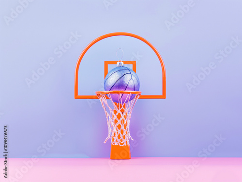 A minimalist xmas design of an orange basketball hoop with a silver net, a large xmas bauble inside the ring, set against a solid pastel blue and purple background. photo