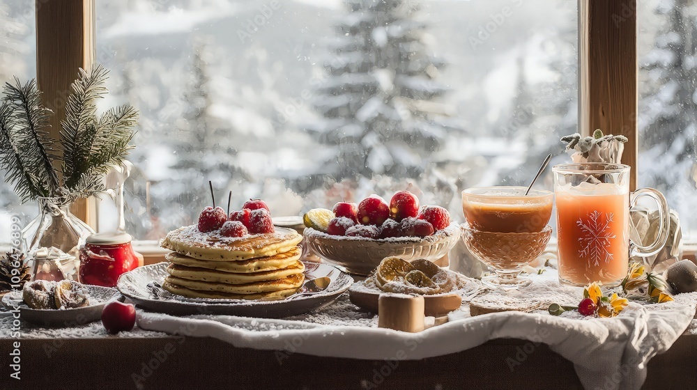 Cozy winter breakfast scene with pancakes, fruit, and warm drinks by snowy window.