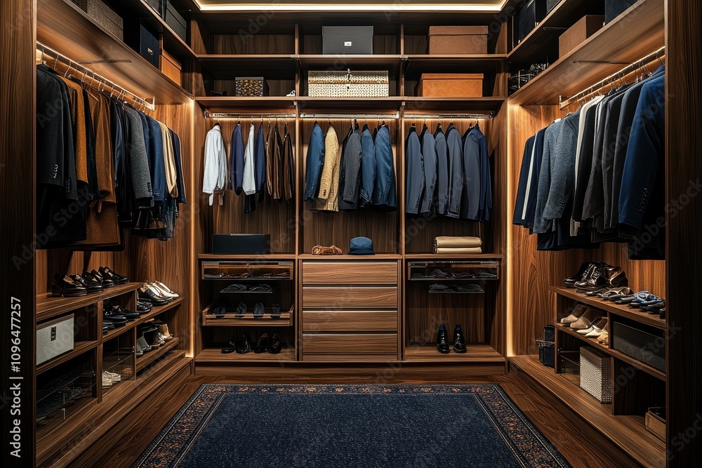 Luxurious walk-in closet; suits, shoes, accessories. Luxurious walk-in closet; suits, shoes, accessories.