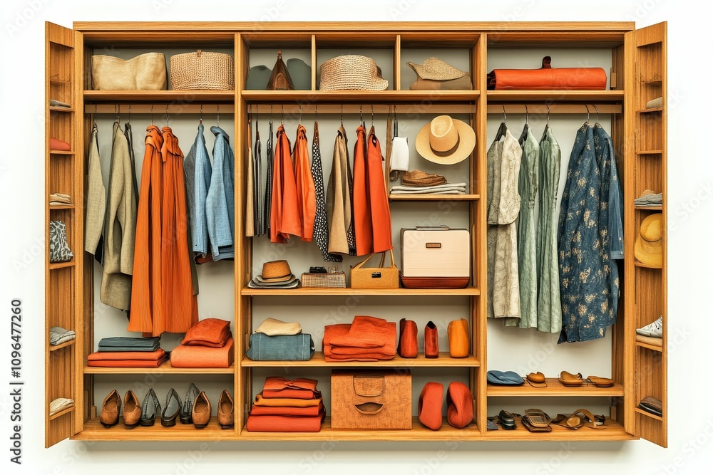 Organized wooden wardrobe, filled with clothes, shoes, and accessories. Organized wooden wardrobe, filled with clothes, shoes, and accessories.