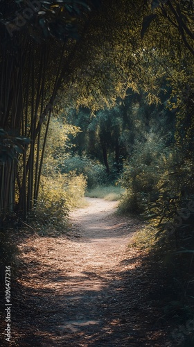 Serene forest path illuminated by soft sunlight through lush greenery.