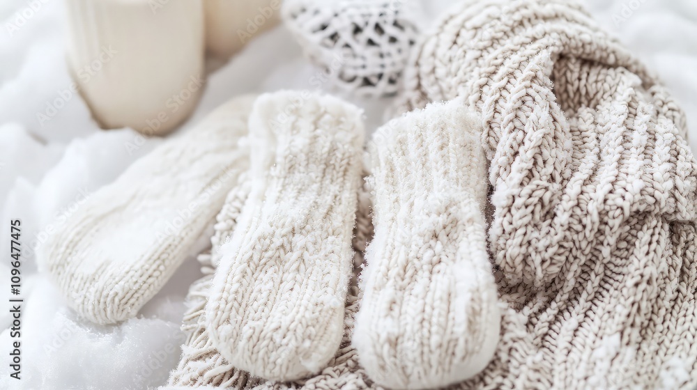 Cozy winter scene with cream-colored knitted mittens, sweater, and snow. Cozy winter scene with cream-colored knitted mittens, sweater, and snow.