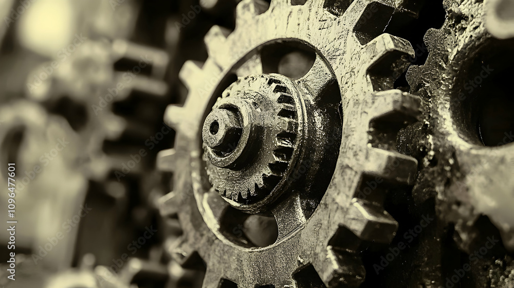 Close-up of Interlocking Metal Gears, Sepia-toned Industrial Photography Close-up of Interlocking Metal Gears, Sepia-toned Industrial Photography