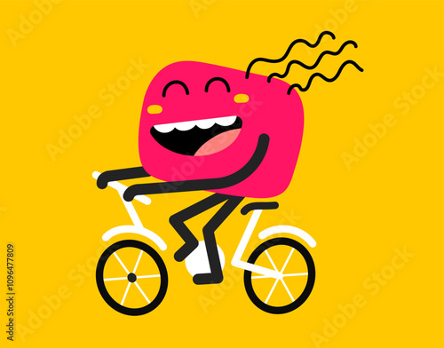 Vector cartoon illustration of smile geometric monster ride on bike on yellow color background. Flat style child doodle design of cute abstract shape happy character. Kid character with bicycle