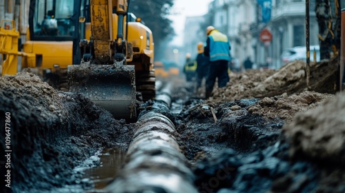 Street work for sewage pipe installation 