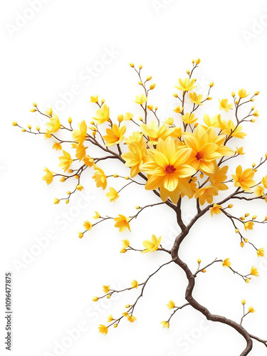 Abstract yellow chrysanthemum pattern with delicate tree branches, art, floral, background, blossoms