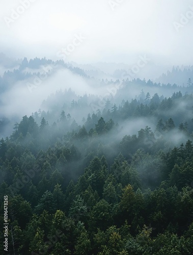 Aerial view of a misty forest with fog rolling in, misty forest, sunrise forest, foggy woods