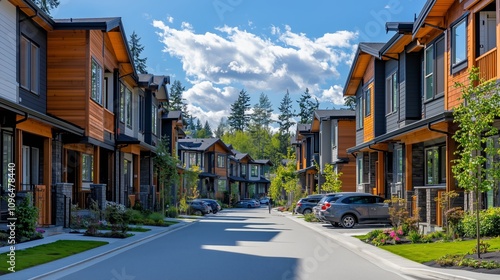 Modern Residential Neighborhood with Trees and Blue Sky