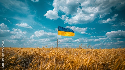 Ukrainian flag billowing under clear blue sky over fields of ripe wheat in vibrant landscape photo