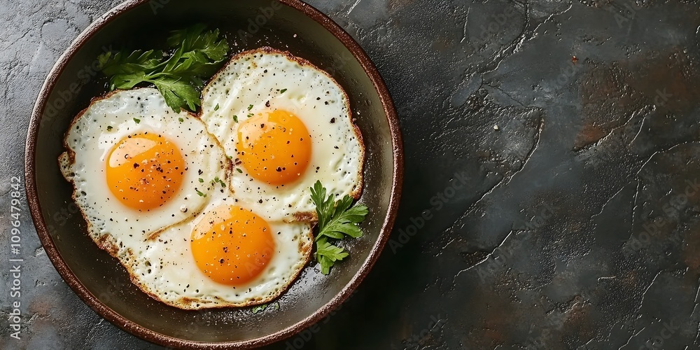 Three perfectly fried eggs in a pan, garnished with parsley. A simple, delicious breakfast. Three perfectly fried eggs in a pan, garnished with parsley. A simple, delicious breakfast.