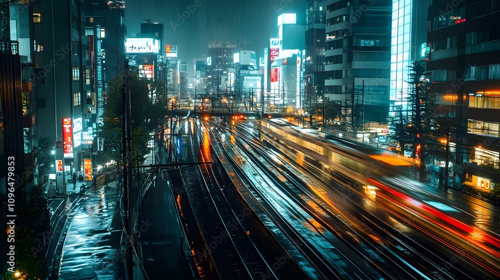 Nighttime cityscape with blurred train and glowing neon lights in urban setting. Nighttime cityscape with blurred train and glowing neon lights in urban setting.