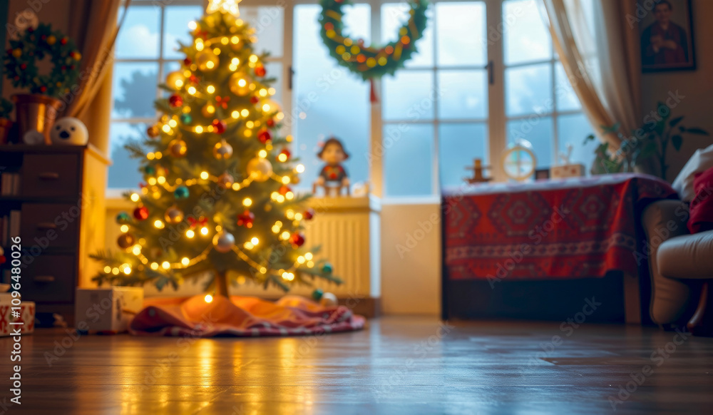 Fototapeta premium a christmas tree is in a room with a window and a window with a red banner on the wall.