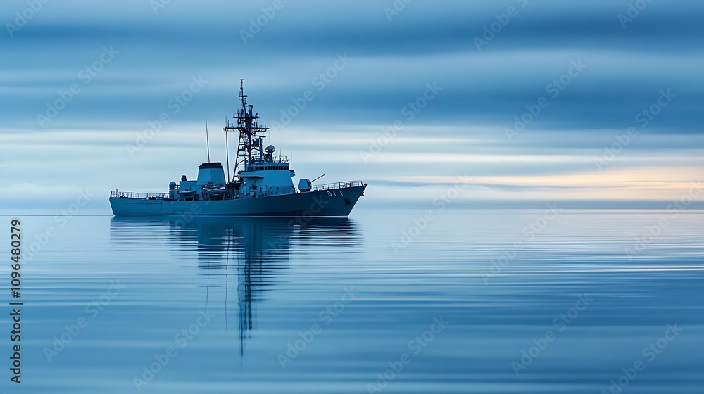 A calm sea scene featuring a ship reflecting on the water during twilight. A calm sea scene featuring a ship reflecting on the water during twilight.