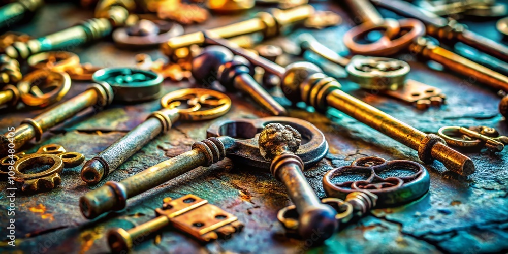 A Captivating Tilt-Shift Photography of a Diverse Collection of Keys Showcasing Unique Finishes, Textures, and Details on a Softly Blurred Background A Captivating Tilt-Shift Photography of a Diverse Collection of Keys Showcasing Unique Finishes, Textures, and Details on a Softly Blurred Background