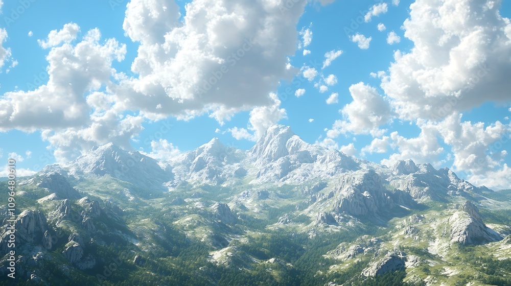 9. Rolling hills and towering mountains under a sky filled with fluffy white clouds 9. Rolling hills and towering mountains under a sky filled with fluffy white clouds