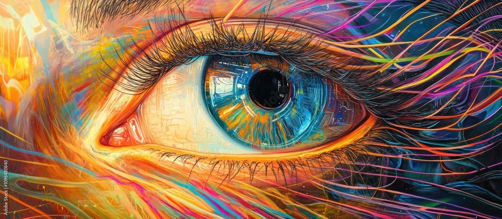 Obraz premium A vibrant, stylized close-up of an eye with colorful, swirling patterns representing creativity.