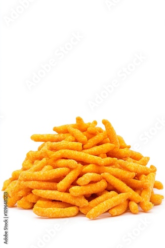 Close-up of orange cheetos stacked in pyramid, Month of snacks.