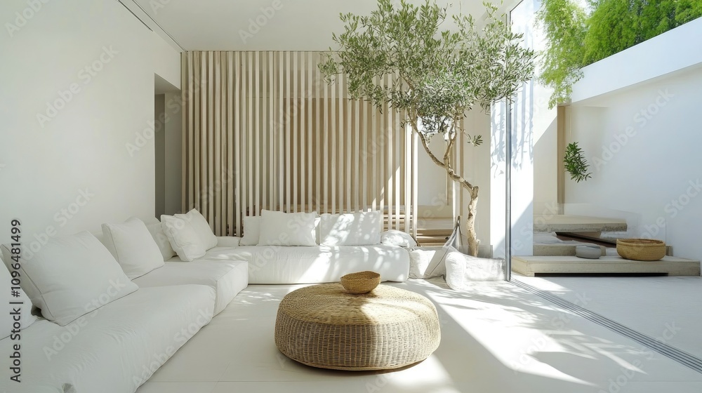 Fototapeta premium Airy living room with white walls and decorative wooden slats. A green tree sits in the corner, enhancing the simplicity and natural charm