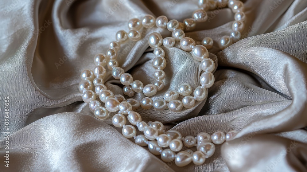 Elegant pearl necklace draped on luxurious silk fabric. Elegant pearl necklace draped on luxurious silk fabric.