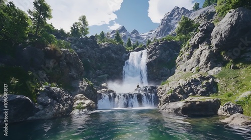 8. A cascading waterfall flowing down a rocky mountain face into a crystal-clear river