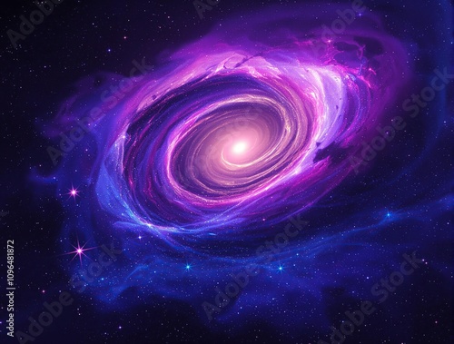 A mesmerizing spiral galaxy background with vibrant purple and blue hues, set against a dark space void , nebula, astronomical