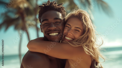 Interracial couple smiling and embracing on a sunny beach.