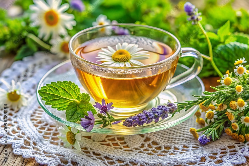 A Delicate Teacup with Herbal Infusion on a Lace Doily Surrounded by Fragrant Herbs Evoking a Peaceful Garden Atmosphere for Relaxation and Enjoyment A Delicate Teacup with Herbal Infusion on a Lace Doily Surrounded by Fragrant Herbs Evoking a Peaceful Garden Atmosphere for Relaxation and Enjoyment