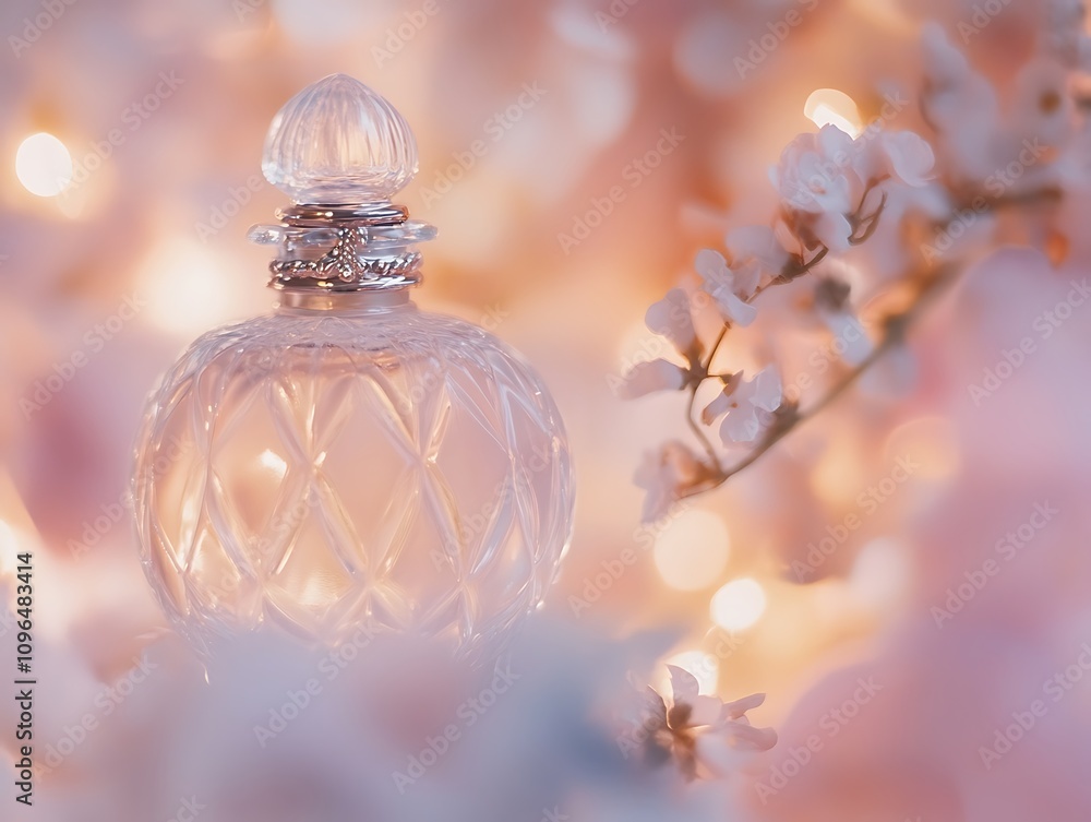 Elegant perfume bottle amidst blossoms and lights. Elegant perfume bottle amidst blossoms and lights.