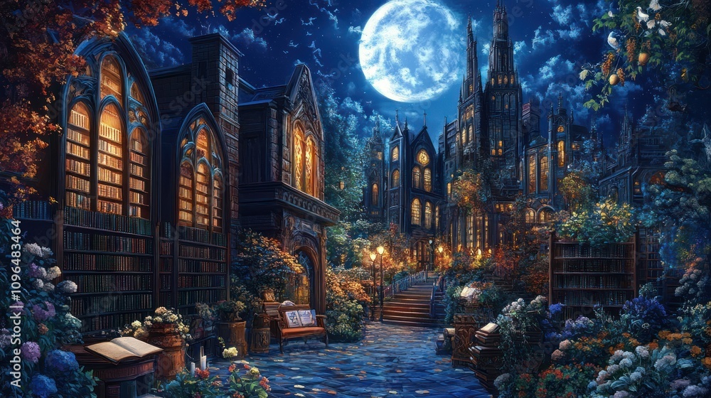 A mystical night scene featuring a library and gothic architecture under a full moon. A mystical night scene featuring a library and gothic architecture under a full moon.