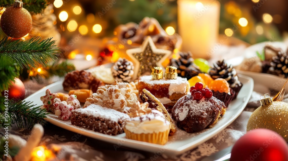 Festive Christmas dessert platter with assorted cookies, cakes, and candies. Festive Christmas dessert platter with assorted cookies, cakes, and candies.