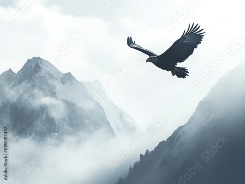 Animals and Nature of the outline of a soaring eagle blending with mountain peaks and a dramatic sky photo