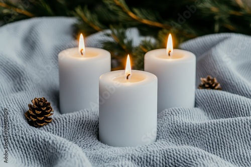 Three lit white candles on a cozy gray blanket with pine cones and branches.