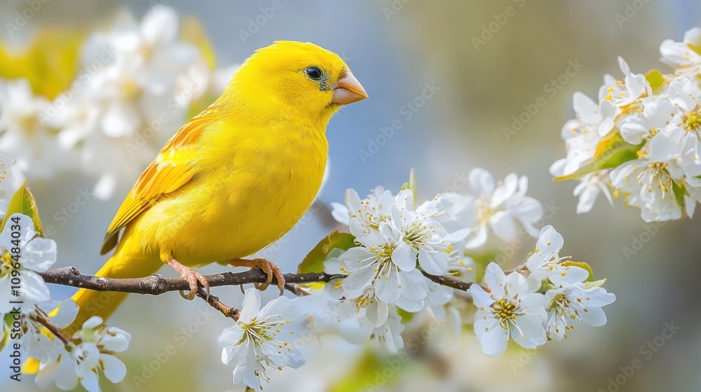 A Vibrant Yellow Canary Perched on a Branch of Delicate White Blossoms A Vibrant Yellow Canary Perched on a Branch of Delicate White Blossoms