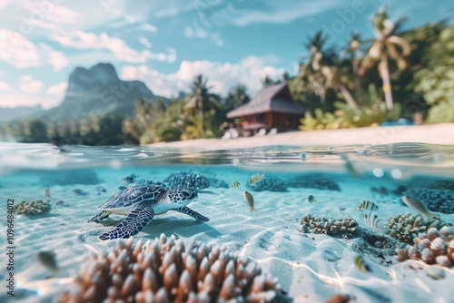 Underwater scene featuring a turtle and a damaged coral reef with space for text placement photo