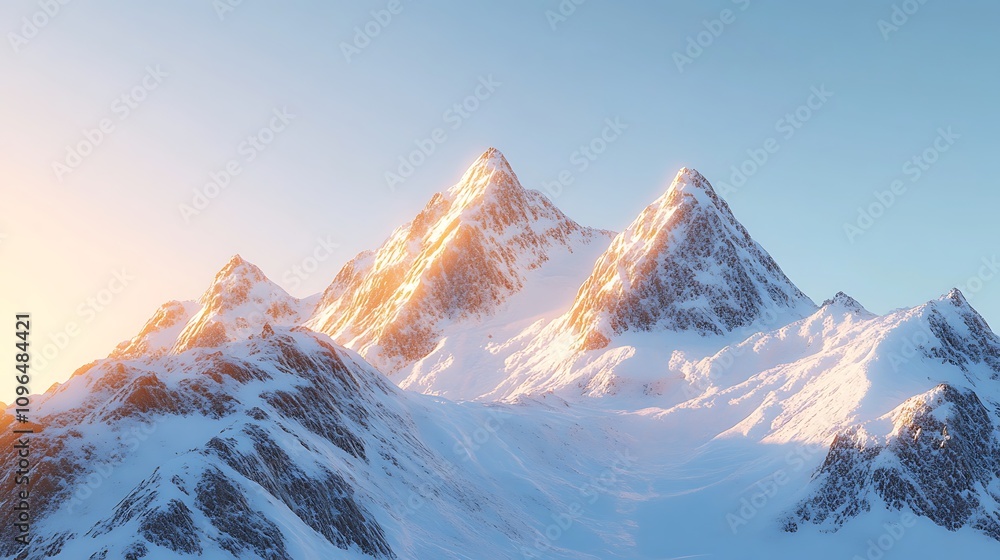 1. Snow-covered mountain peaks glowing in golden sunlight against a clear blue sky 1. Snow-covered mountain peaks glowing in golden sunlight against a clear blue sky