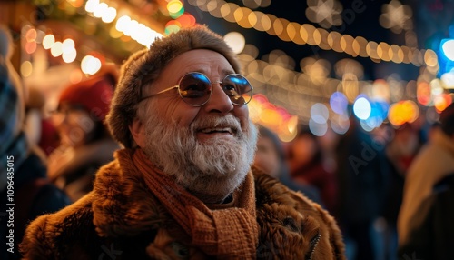 Santa claus in dark sunglasses smiling amid snowflakes and bright new year s lights photo