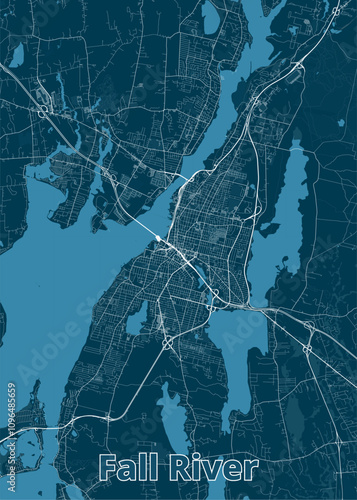 The image showcases a detailed map of Fall River, Massachusetts, rendered in a minimalist style. The map features a deep blue background with white lines representing roads, highways, and waterways.