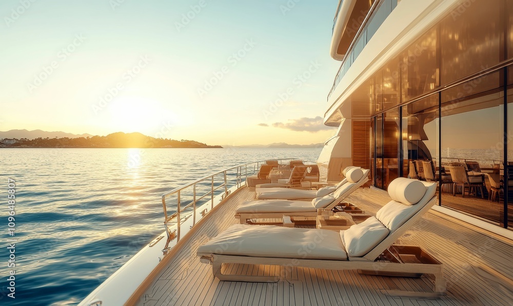 Fototapeta premium Luxury yacht deck, sunset, ocean view, lounge chairs.
