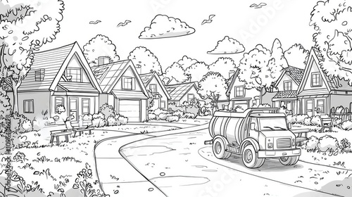 Wallpaper Mural Coloring page of Urban Neighborhood Scene with House, Truck, and Trees Outline Torontodigital.ca