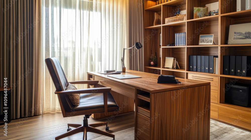 Fototapeta premium Muted, natural tones dominate the space, such as walnut brown, cream, olive green, and soft gray, creating a calm and focused atmosphere. 