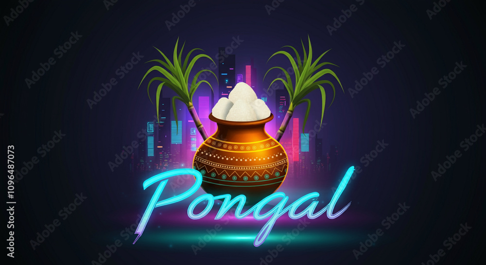 A Pongal pot with sugarcane, milk, and a vibrant neon cityscape in the background, combining tradition with modernity A Pongal pot with sugarcane, milk, and a vibrant neon cityscape in the background, combining tradition with modernity