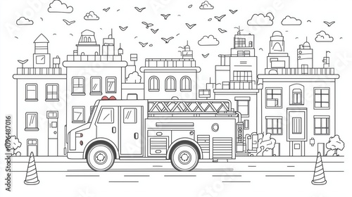 Wallpaper Mural Coloring page of Fire Truck Illustrating Urban Landscape with Buildings and Birds Torontodigital.ca
