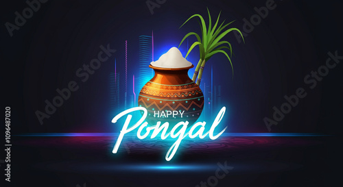 A Pongal pot with sugarcane...