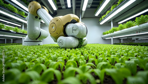 Innovations in Vertical Farming - robotic hand at green plants growing under soft LED lighting v2 photo