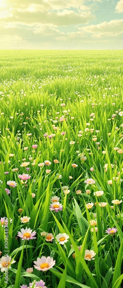 Fototapeta premium a lush carpet of emerald green grass underfoot with wildflowers blooming around, natural scenery, fresh spring grass, landscape photography