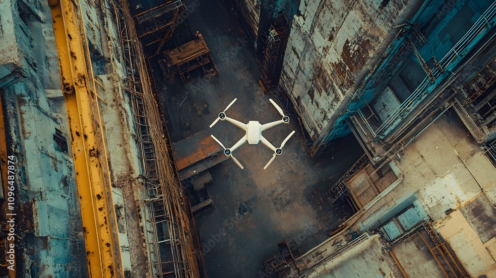 Aerial view of a drone flying over an abandoned industrial site. Aerial view of a drone flying over an abandoned industrial site.