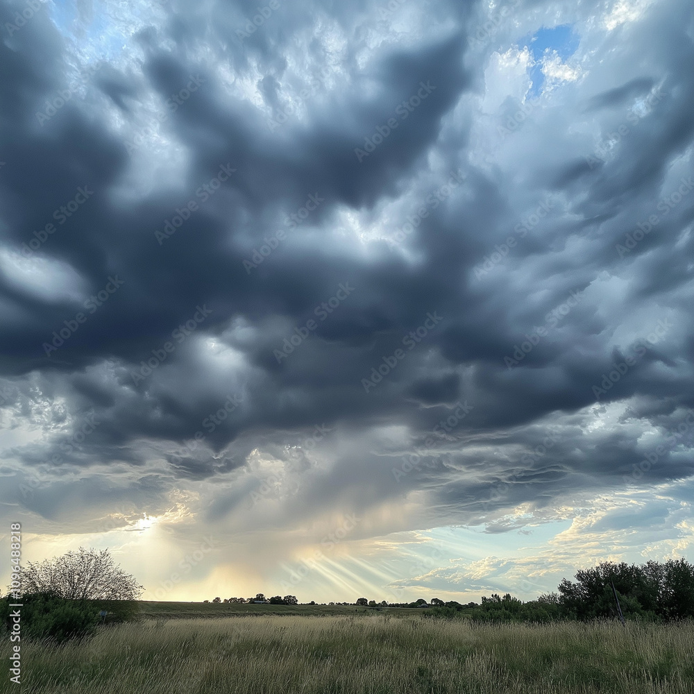 Obraz premium A dramatic sky with sun rays piercing through gaps in massive white clouds