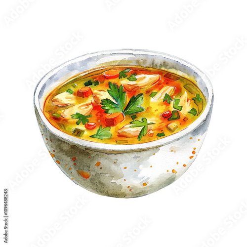 chicken soup vector illustration in watercolor style